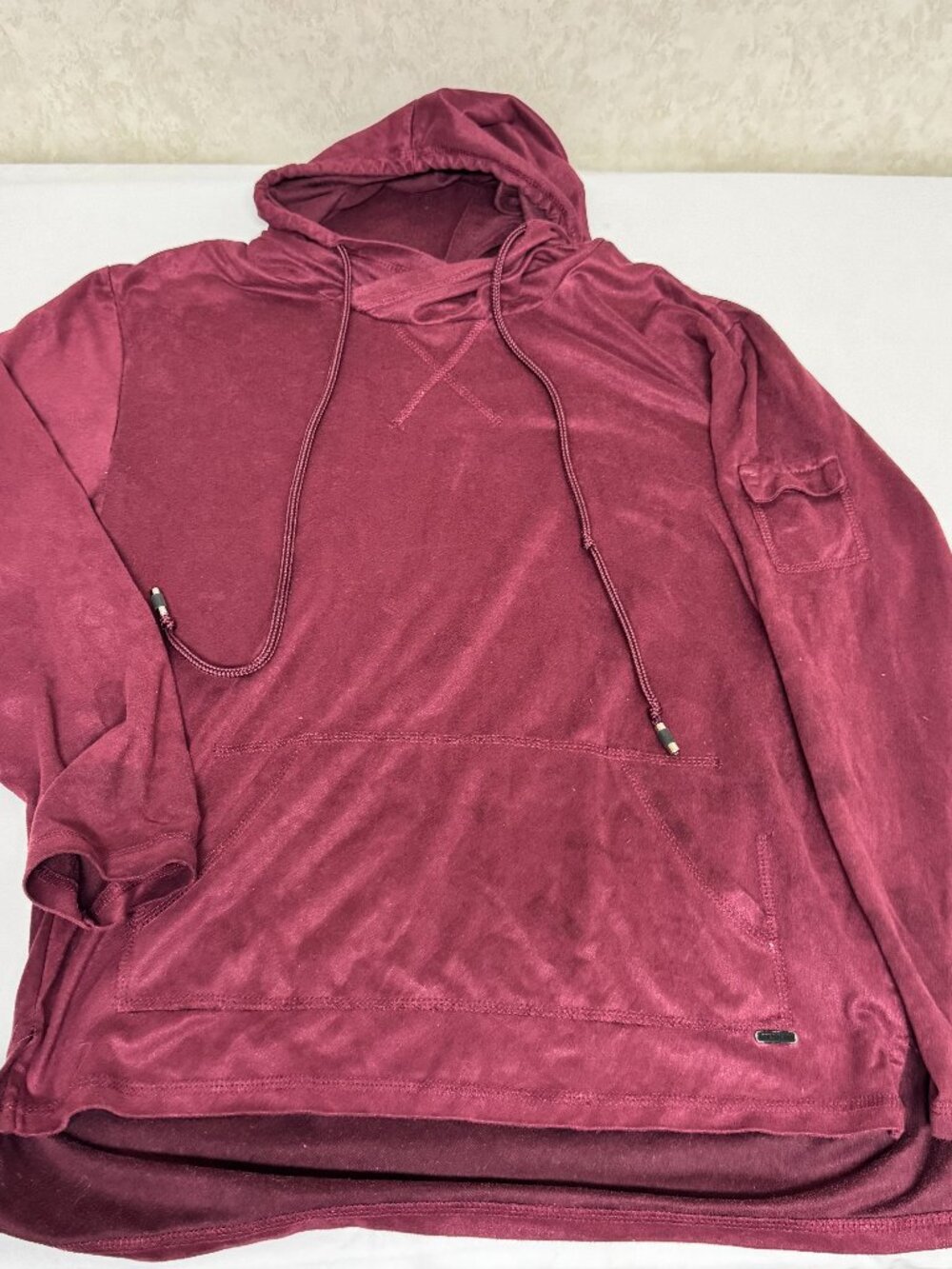 Fried Denim NYC Small Burgundy Velour Hoodie Pullover High Low Hem Pocket Sleeve